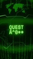 Old green Vertical Retro CRT screen showing text QUEST ALERT appearing in random glitch and Haking style video