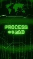 Old green Vertical Retro CRT screen showing text PROCESS START appearing in random glitch and Haking style video