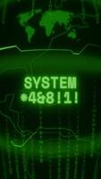 Old green Vertical Retro CRT screen showing text SYSTEM FAILURE appearing in random glitch and Haking style video