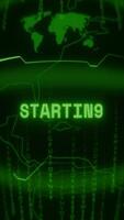 Old green Vertical Retro CRT screen showing text STARTING appearing in random glitch and Haking style video