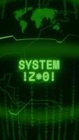 Old green Vertical Retro CRT screen showing text SYSTEM ALERT appearing in random glitch and Haking style video