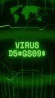 antiguo verde vertical retro crt pantalla demostración texto virus detectado apareciendo en aleatorio falla y piratería estilo video