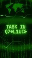 Old green Vertical Retro CRT screen showing text TASK IN PROGRESS appearing in random glitch and Haking style video