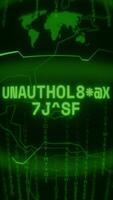 Old green Vertical Retro CRT screen showing text UNAUTHORIZED LOGIN appearing in random glitch and Haking style video