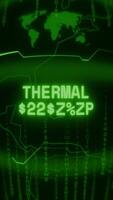 Old green Vertical Retro CRT screen showing text THERMAL SHUTDOWN appearing in random glitch and Haking style video