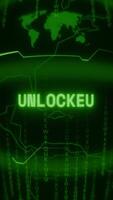 Old green Vertical Retro CRT screen showing text UNLOCKED appearing in random glitch and Haking style video