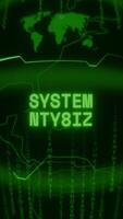 Old green Vertical Retro CRT screen showing text SYSTEM UPDATE appearing in random glitch and Haking style video