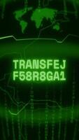 Old green Vertical Retro CRT screen showing text TRANSFER COMPLETE appearing in random glitch and Haking style video