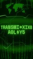 Old green Vertical Retro CRT screen showing text TRANSMISSION ACTIVE appearing in random glitch and Haking style video