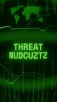 Old green Vertical Retro CRT screen showing text THREAT DETECTED appearing in random glitch and Haking style video