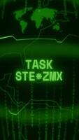 Old green Vertical Retro CRT screen showing text TASK STARTED appearing in random glitch and Haking style video