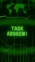Old green Vertical Retro CRT screen showing text TASK ABORTED appearing in random glitch and Haking style video