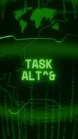 Old green Vertical Retro CRT screen showing text TASK ALERT appearing in random glitch and Haking style video