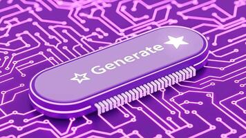generera knapp på lila krets styrelse teknologi, ai, och trogen begrepp artificiell intelligens generation och teknologisk befordran illustrerade på en stiliserade krets bakgrund 4k video