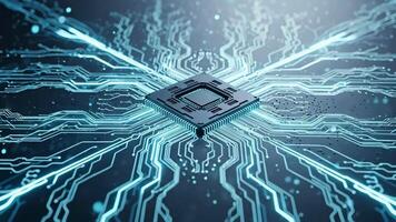 abstrakt teknologi krets styrelse med central processor, illustrerar data flöde, artificiell intelligens, och trogen datoranvändning i en digital blå miljö 4k video