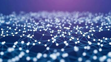 abstrakt nätverk av vit sfärer och blå rader på mörk blå till lila lutning bakgrund, representerar anslutning, data, teknologi, och vetenskap i en modern design 4k video
