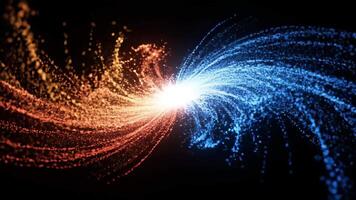 abstrakt energi kollision virvlande röd och blå partikel strömmar möte med en ljus ljus på en mörk bakgrund, representerar kraft, teknologi, och dynamisk rörelse 4k video