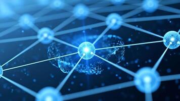 abstrato azul rede fundo, brilhando esfera conexões, tecnologia conceito, digital comunicação, dados transmissão, futurista estrutura, molecular modelo, conexão nós 4k video