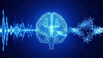 Digital Brain Neural Network Abstract Glowing Brain with Circuit Board Design and Waveform Data, AI Intelligence Connection on Dark Blue Background 4k video