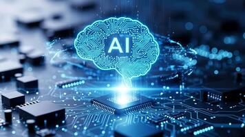ai cervello circuito tavola tecnologia concettuale digitale cervello con artificiale intelligenza integrato su blu futuristico tecnologia sfondo, macchina apprendimento e dati analisi 4k video