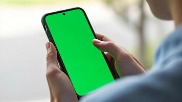 person använder sig av smartphone med grön skärm för app testning och ui design, modern enhet i händer, utomhus- miljö, mobil teknologi, krom nyckel 4k video