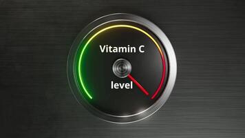 hälsa meter visning vitamin nivåer, närbild av vitamin c mått enhet yta, detaljerad bild av metallisk vitamin c nivå övervaka med grön och röd indikatorer för hälsa video