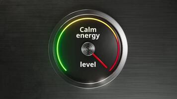 relaxation indicator gauge, calmness meter with green arc and reflective surface indicating serenity, closeup of soothing energy indicator with soft reflections and gentle light emphasizing video
