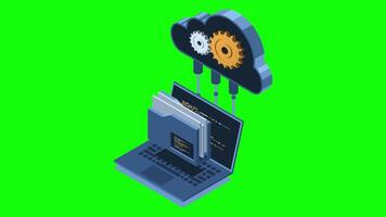 isométrico nuvem armazenamento conceito com computador portátil animação. nuvem tecnologia com pasta e computador portátil. isométrico computador Arquivo transferir. isométrico tecnologia. 4k animado dentro isométrico estilo video