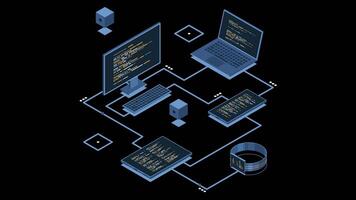 Isometric transfer data between different devices animation. Synchronizing data between laptop, smartphone, tablet, and PC. Isometric technology. Transparent background with alpha channel video