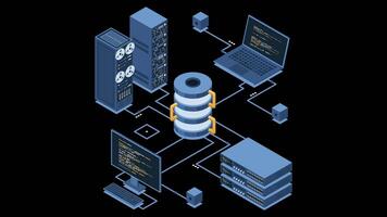 isométrico moderno nuvem base de dados e trabalho em rede animação. computador serviço tecnologia. supercomputador. isométrico tecnologia. transparente fundo com alfa canal video