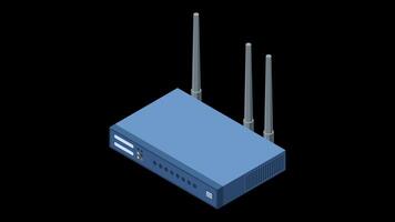 isometrisk nätverk wiFi router med antenner animation. trådlös nätverk kommunikation teknologi. trådlös internet router. nätverk teknologi. transparent bakgrund med alfa video