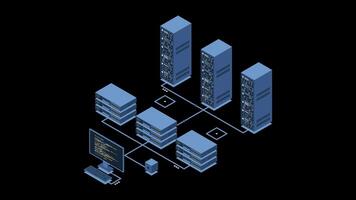 isométrico monitoramento grande dados armazenamento animação. dados transmissão tecnologia. conectados hospedagem tecnologia conceito. isométrico tecnologia. transparente fundo com alfa canal. video