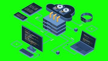 isométrico nuvem tecnologia Informática animação. isométrico rede com computador, computador portátil, tábua, e Smartphone. isométrico tecnologia. 4k animado dentro isométrico estilo video