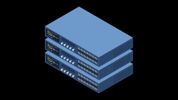 isometrisk server animation. server nätverk Utrustning. dator nätverk teknologi. lagring databas. isometrisk teknologi. transparent bakgrund med alfa kanal video