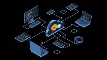 isometrico nube tecnologia calcolo animazione. isometrico Rete con computer, computer portatile, tavoletta, e smartphone. isometrico tecnologia. trasparente sfondo con alfa canale. video