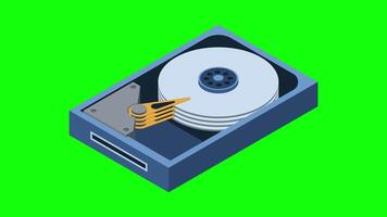 isometrisk hård disk animation. hdd hård disk kör fil hårdvara. lagring enhet. isometrisk teknologi. 4k animerad i isometrisk stil video