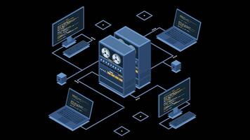 Isometric server connecting computers animation. Network connection. Computing internet digital technology. Web hosting concept. Isometric technology. Transparent background with alpha channel video