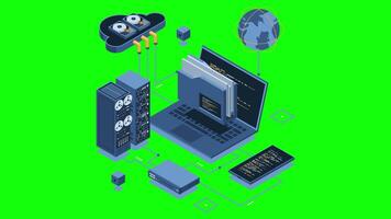 isometrisk moln autentisering systemet med bärbar dator animation. moln teknologi datoranvändning begrepp. moln databas. internet data tjänster. 4k animerad i isometrisk stil video