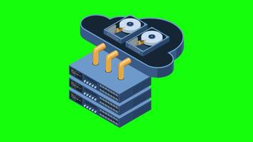 isométrico nuvem Informática animação. isométrico servidor. servidor rede equipamento. computador rede tecnologia. rede hospedagem conceito. isométrico tecnologia. 4k animado dentro isométrico video