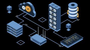 isométrico nuvem tecnologia com servidor animação. isométrico servidor e hospedagem armazenamento tecnologia. rede hospedagem conceito. isométrico tecnologia. transparente fundo com alfa canal, video
