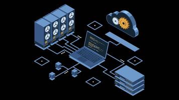 isométrico nuvem tecnologia Informática animação. nuvem armazenar. isométrico rede com computador, computador portátil, e servidor. isométrico tecnologia. transparente fundo com alfa canal video