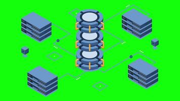 isométrico nuvem base de dados animação. base de dados com nuvem servidor. nuvem armazenar. dados transmissão tecnologia. isométrico tecnologia. 4k animado dentro isométrico video