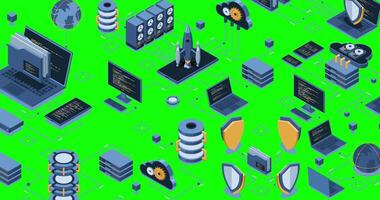 isométrica datos red administración animación. nube almacenamiento datos y sincronización de dispositivos. redes, base de datos, nube almacenamiento. isométrica tecnología. 4k animado en isométrica, video