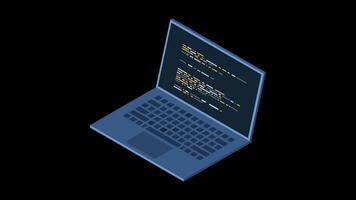isométrico computador portátil animação. programação em computador portátil conceito com programa código. programa código em uma computador portátil tela. isométrico tecnologia. transparente fundo com alfa canal video