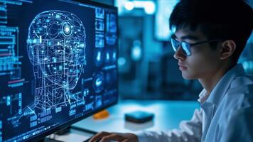 A man in glasses is looking at a computer screen with a face on it video