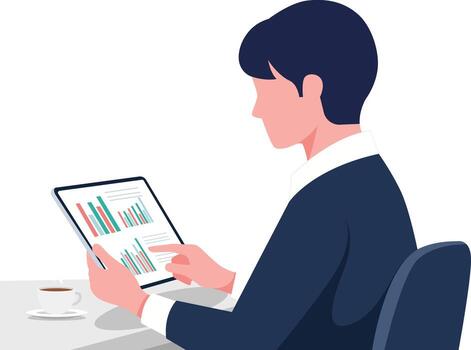 un hombre en un traje análisis datos cartas en un tableta, sentado a un escritorio con un taza de café. vector