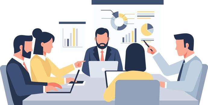 A group of business professionals are gathered around a table, reviewing charts and graphs during a meeting. vector