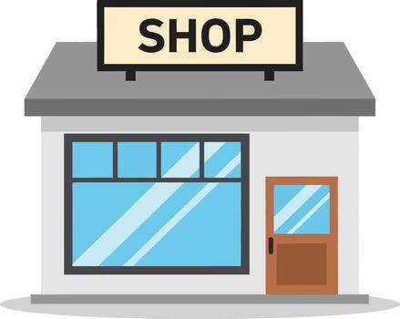 Small shop building with front window on white background vector