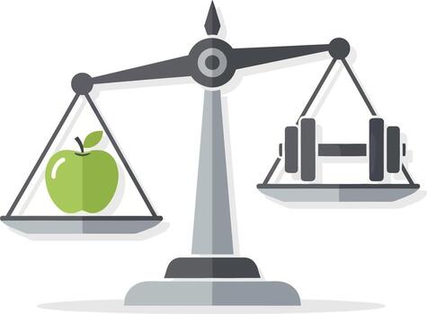 Scale balancing apple and dumbbell on white background vector