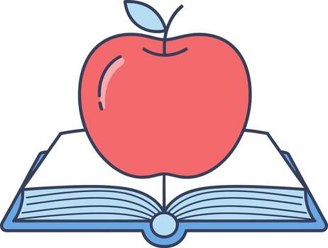 Red apple on open book on white background vector